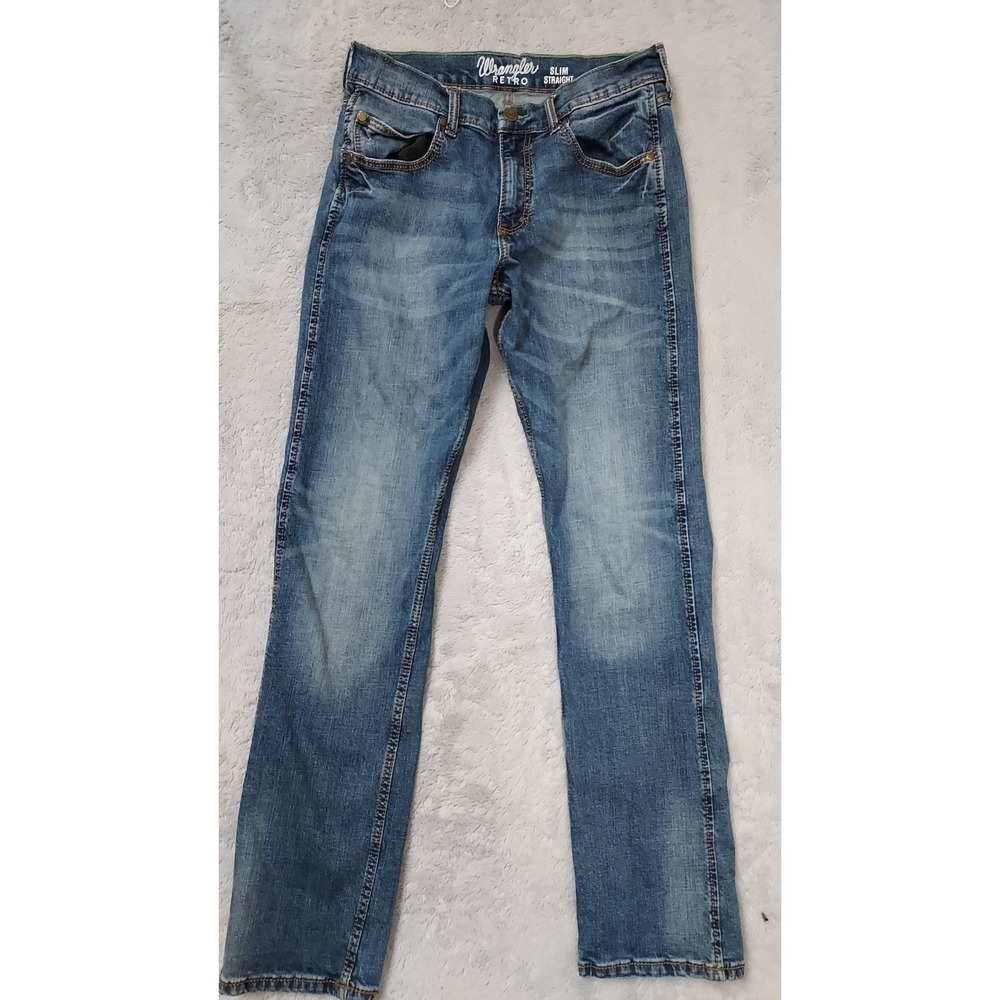 Wrangler Retro Jeans Mens 32x34 Slim Straight Denim Blue Rodeo Rancher REPAIRED